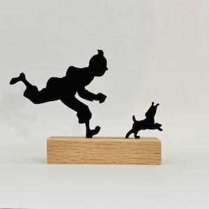Silhouet van Tintin en Snowy | Minimalistische sculptuur op een houten sokkel | Stripboekdecoratie | Origineel cadeau | Frans vakmanschap