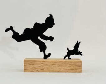 Tintin & Snowy Silhouette | Minimalist Sculpture on a Wooden Base | Comic Book Decoration | Original Gift | French Craftsmanship