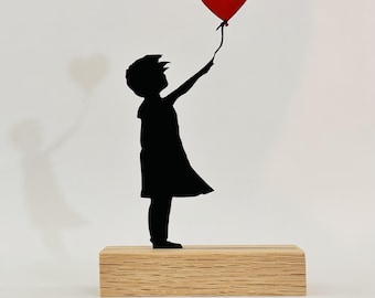 Silhouette of Girl with Balloon | Minimalist sculpture on a wooden base | Banksy-style urban art | Original gift | French craftsmanship