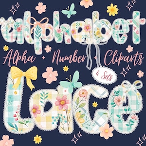 Pode incluir: Design gráfico digital com as palavras "Alphabet" e "Lace" em um padrão floral e xadrez. O texto "Alpha + Number Cliparts" também está presente, junto com borboletas, flores e laços em um fundo azul marinho.