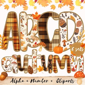 Peut inclure: Une création numérique avec le mot "AUTUMN" et les lettres "ABCD" sur le thème de l'automne. Les lettres et les mots sont décorés de motifs à carreaux, de feuilles, de glands et de champignons. Le texte "Alpha + Number + Cliparts" est en bas.