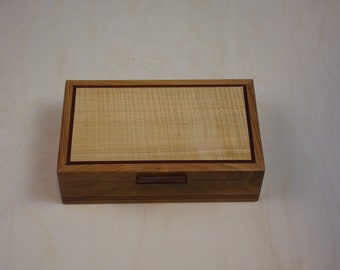 Black Locust with Fiddle Back Maple Inlyed Top 10 1/2 inches x 6 1/4 inches x 3 inches Hand crafted Watch box Tea box
