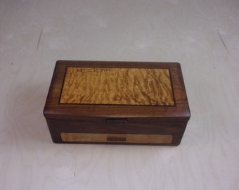 Jewelry Box handcrafted Fancy Walnut with Highly Figured Quilted Maple inlayed top from our  Elite Collection 16 1/2''x10''x6''