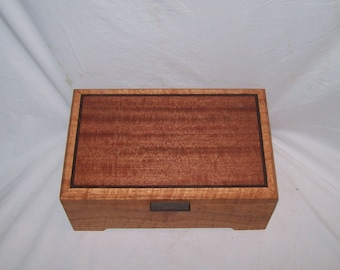 Jewelry Box Watch BoxTea Box or Desk Box Red Curly Oak Box Inlayed with Makore   Handcrafted Keepsake  box