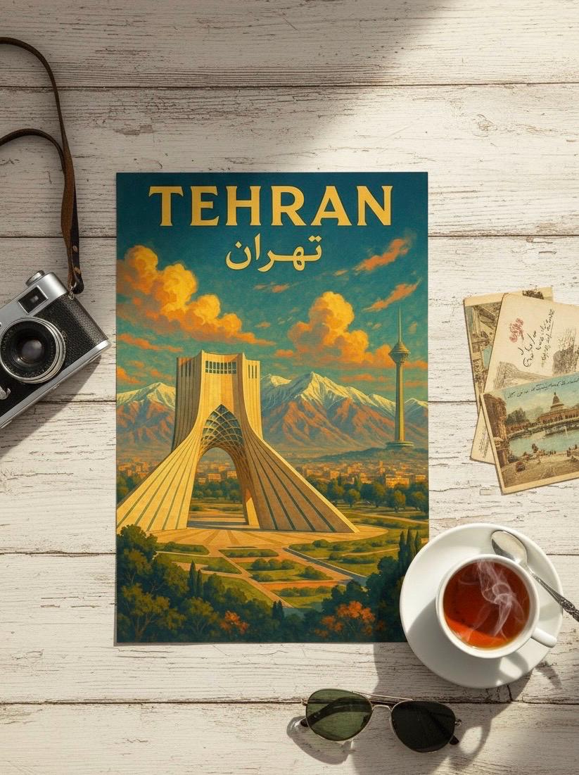 Tehran Iran Vintage Travel Poster – Azadi Tower, Milad Tower & Alborz Mountains | Persian Heritage Wall Art, Iranian Home Decor, Nowruz Gift