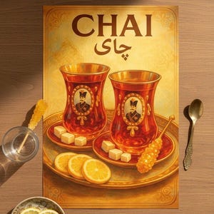 Persian Tea Chai Poster – Vintage Qajar Kitchen & Café Wall Art | Iranian Drink Travel Print, Iran Food Decor, Middle Eastern Culture Gift