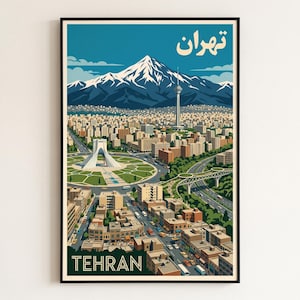 Tehran Poster | Azadi Tower & Milad Tower Wall Art | Mount Damavand Print | Vintage Persian Cityscape Decor | Retro Iran Travel Poster Art