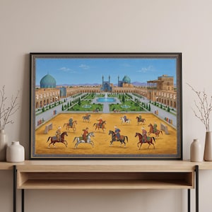 May include: A framed painting depicting a polo match in a courtyard with a central fountain and domed buildings. Several riders on horseback are shown in the foreground, while the background features architectural structures.