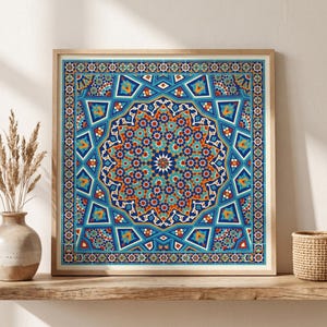 Persisk mandala-tryck — Iranskt shamseh-kakelmönsterposter, Khatam geometrisk islamisk väggkonst