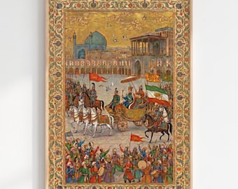 Reza Shah Coronation Art Print | Persian Miniature Style Pahlavi History | Mohammad Reza Pahlavi | Iranian Wall Decor | Lion and Sun Flag