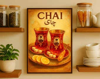 Persian Tea Chai Poster – Vintage Qajar Kitchen & Café Wall Art | Iranian Drink Travel Print, Iran Food Decor, Middle Eastern Culture Gift