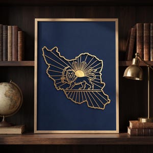 May include: A framed wall art piece featuring a gold-colored cutout of the map of Iran. The design includes a central lion holding a sword with a sun rising behind it, all set against a solid dark blue background within a light wood frame.