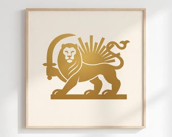 Estampado del león y el sol persas / Arte mural Shir o Khorshid / Emblema de la dinastía Pahlavi / Póster minimalista de la historia de Irán / Regalo patriótico iraní