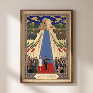 May include: Framed artwork depicting a historical scene with a central blue pathway leading to a building. Soldiers and flags line the path. A man in uniform speaks, with a woman in white nearby. The artwork has a gold frame.