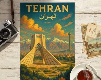Tehran Printable Wall Art – Vintage Iran Travel Poster, Azadi Tower, Milad Tower & Alborz Mountains | Persian Digital Download, Nowruz Gift
