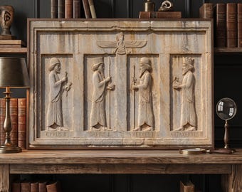 May include: A rectangular stone relief plaque featuring four carved figures in profile, labeled Cyrus II, Darius I, Xerxes I, and Artaxerxes II. Above the figures is a winged symbol. The plaque is framed in wood and displayed on a wooden shelf.