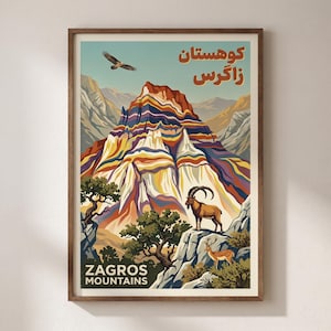 Puede incluir: Un póster de viaje enmarcado de los montes Zagros con un pico montañoso de rayas multicolores, un águila volando, un íbice y un ciervo. El texto dice Zagros Mountains e incluye escritura persa. El arte utiliza una paleta de azul, naranja y blanco.
