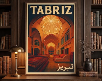 Vintage-Reiseposter aus Tabriz, Iran | Kunstdruck persischer Teppiche | Wanddekoration islamischer Architektur | Großer Basar von Tabriz | Geschenk zum persischen Kulturerbe