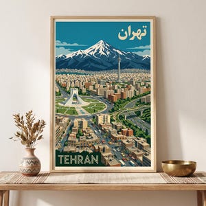 Tehran Poster | Azadi Tower & Milad Tower Wall Art | Mount Damavand Print | Vintage Persian Cityscape Decor | Retro Iran Travel Poster Art