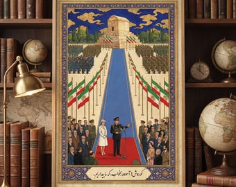May include: A framed print depicting a historical scene with a central blue path leading to a stone monument, flanked by rows of soldiers and flags. A person in a military uniform stands at a podium addressing a crowd, with Persian text at the bottom.
