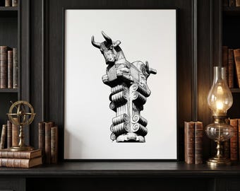 Bull Column Capital Print | Ancient Persian Architecture Poster | Persepolis Wall Art | Achaemenid Empire Decor | Iran History Illustration
