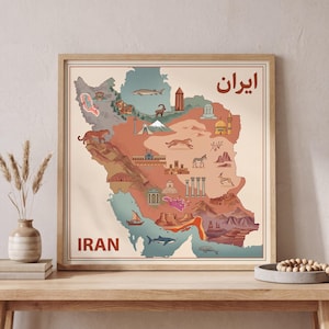 May include: A square framed wall art print featuring a stylized map of Iran in muted earth tones. The map displays various illustrations of wildlife, historical landmarks, and geographical features, with the text Iran and the Persian script Iran.