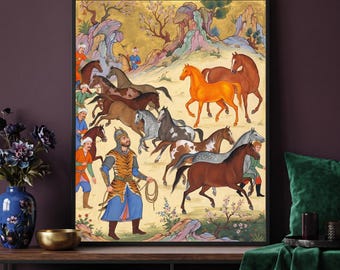 May include: A framed wall art print featuring a Persian-style miniature painting. The scene depicts a central figure in a tiger-print tunic holding a rope, surrounded by a herd of horses in various colors, including brown, orange, and grey, set against a gold background with rocky hills and flowering trees.