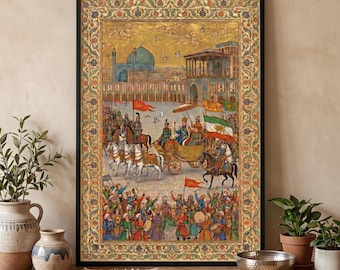 May include: A framed wall art print featuring a detailed Persian miniature painting of a royal procession. The scene depicts a monarch in a horse-drawn carriage surrounded by soldiers, flags, and a crowd, set against a backdrop of architecture.