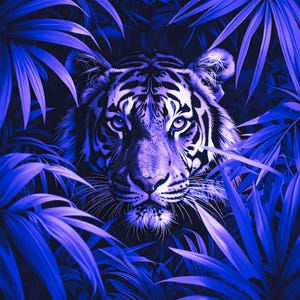 Puede incluir: Impresión de arte digital de la cara de un tigre, en tonos azules y morados. La cara del tigre está centrada, con los ojos mirando hacia adelante. El tigre está rodeado de follaje azul estilizado, creando un ambiente selvático.