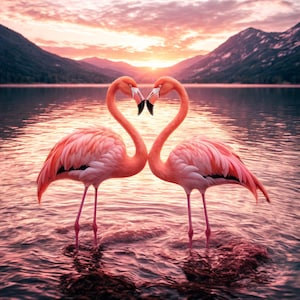 Puede incluir: Dos flamencos rosas se alzan en el agua, con sus cuellos formando un corazón. Las aves se destacan sobre un fondo de lago, montañas y una puesta de sol con tonos rosas y anaranjados. La imagen evoca romance y naturaleza.