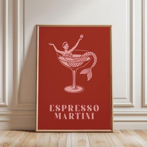 Impresión artística de Espresso Martini – Póster de cóctel de sirena – Arte mural retro para bar, ilustración de bebida, regalo para amantes del café – Decoración de cocina imprimible