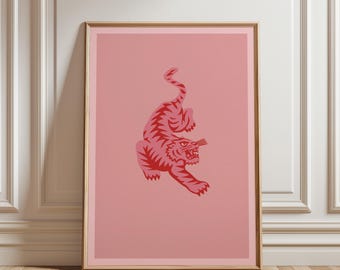 Pink Tiger Wall Art Print - Minimalistisches Tiger Poster - Tiger print- Digital Download für Boho - Retro