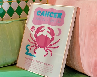 Krebs Sternzeichen Poster - süße Retro Krabbe Wandkunst | Astrologie Print für die Saison Krebs | 21.Juni - 22.Juli Geburtstagsgeschenk | Mystisches Horoskop