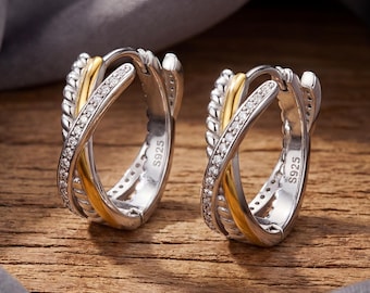 Silver & Gold Twist Hoop Earrings, CZ Pave Crossover Huggie Hoops, Two Tone Statement Jewellery