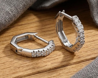 Octagon Pavé Hoop Earrings, 925 Silver Geometric CZ Huggie Design