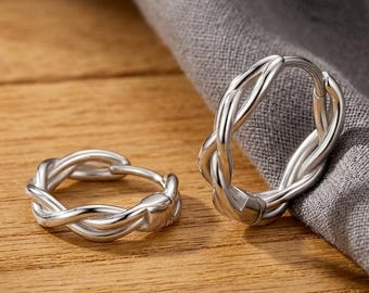 925 Silver Braided Twist Huggie Hoops, Woven Rope Texture Earrings