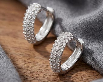 Chunky Pavé Hoop Earrings, 925 Silver Domed Huggie Design, Full Sparkle Statement