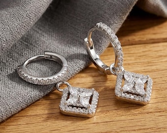 Silver Hoop Earrings, Rhombus Pendant With Starburst Crystal Cluster