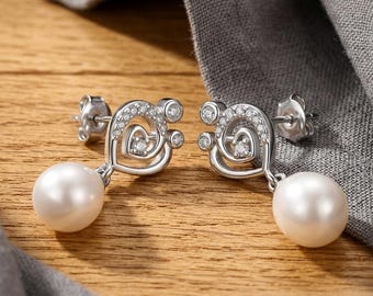 Heart Pearl Drop Stud Earrings, 925 Silver Double Heart CZ Design