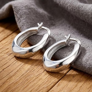 May include: A pair of oval-shaped hoop earrings with a polished silver finish. Each earring features a hinged post closure and is stamped with the text S925 on the inner surface, indicating the metal composition of the jewelry piece.