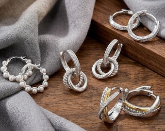 Elegant Hoop Earrings, 925 Silver, CZ Pavé, Twist & Pearl Bead Designs, 4 Styles