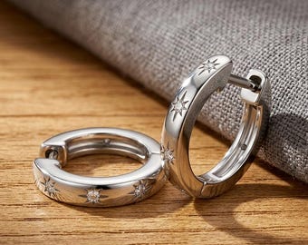Starburst Huggie Hoops, Engraved Celestial Design, 925 Silver Women's Earrings