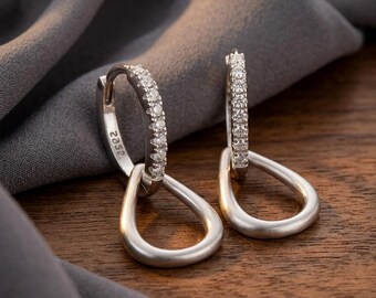 Interlocking Teardrop Drop Earrings, Sparkling CZ Pave Bar, 925 Silver Hoops