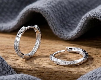 Sterling Silver Celestial Design Hoop Earrings, Twisted Pave Star Hoops, Gift For Her