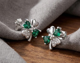 Four-Leaf Clover Earrings, 925 Silver Studs With Green Heart Crystals