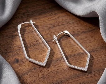 Silver V-Shape Hoop Earrings, Sparkling Women's Jewellery, Gift For Her, Everyday UK