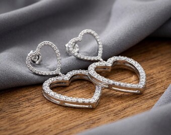 Delicate Double Heart Drop Earrings, S925 Silver Pavé Stone Love Dangles