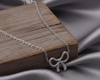 Silver Bow Pendant Necklace, Adjustable Cable Chain, Dainty Jewellery, Minimalist Style, Women's Accessories For Everyday Wear, Gift For Her