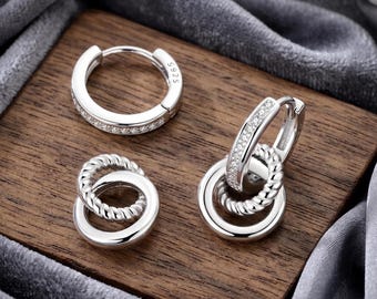 Sterling Silver Interlocking Circle Hoop Earrings, Sparkle Drop Hoops, Women's Jewellery UK