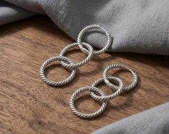 Twisted Rope Hoop Earrings, Triple Link Chain Design, 925 Silver Statement Hoops